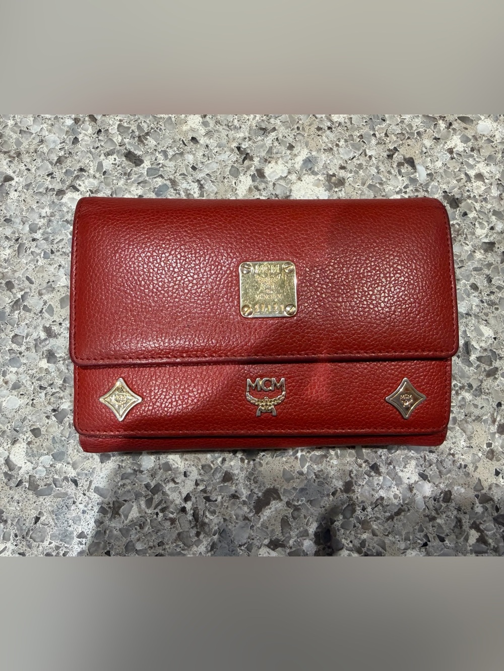 MCM Red Leather Continental Wallet with Gold Logo Hardware
